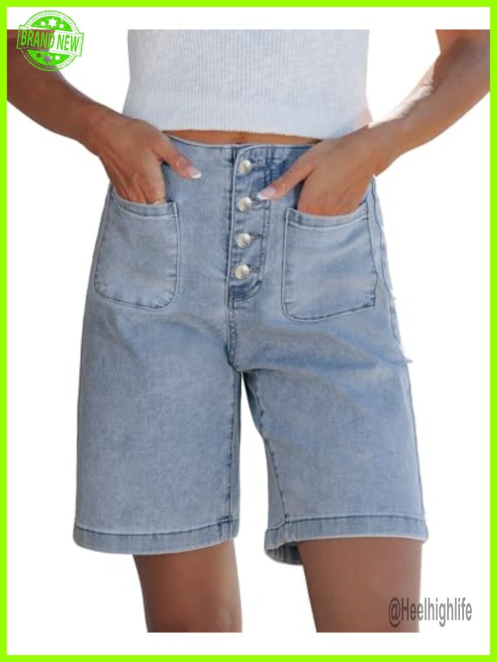 Women's Bermuda Shorts High Waisted Button Fly Patch Pocket Long Stretch Denim